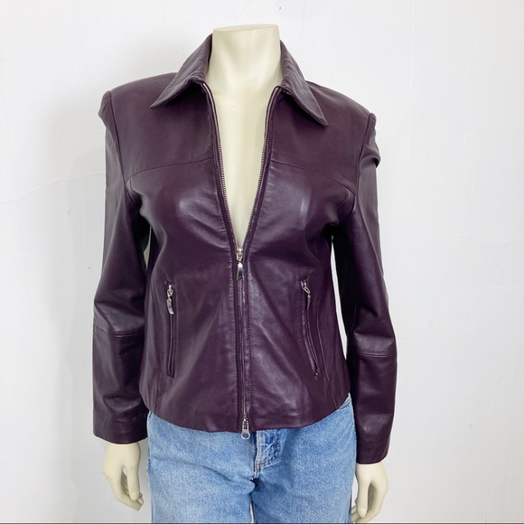 Vintage y2k purple leather jacket plum short cropped minimalist chic fitted - Picture 2 of 15